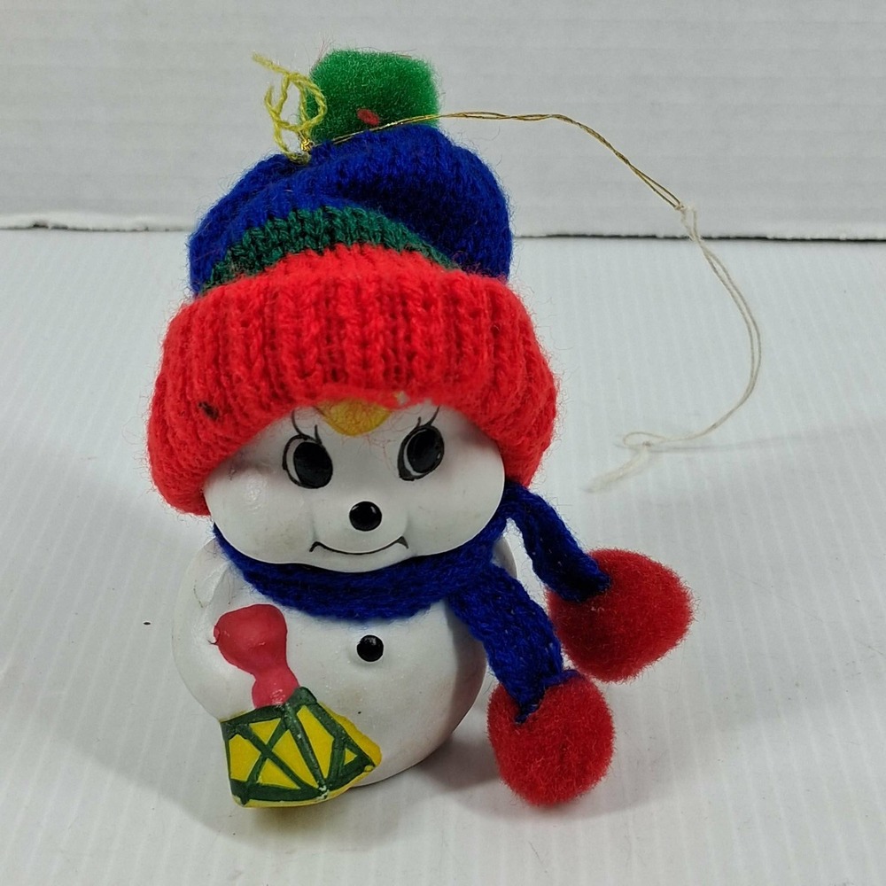 Vintage Giftco Ceramic Snowman Bell Ornament Knit Hat Scarf Lantern Taiwan